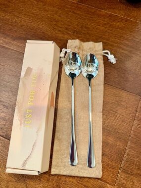 Engraved 'His' and 'Hers' Long Handle Spoons - Silver Tone